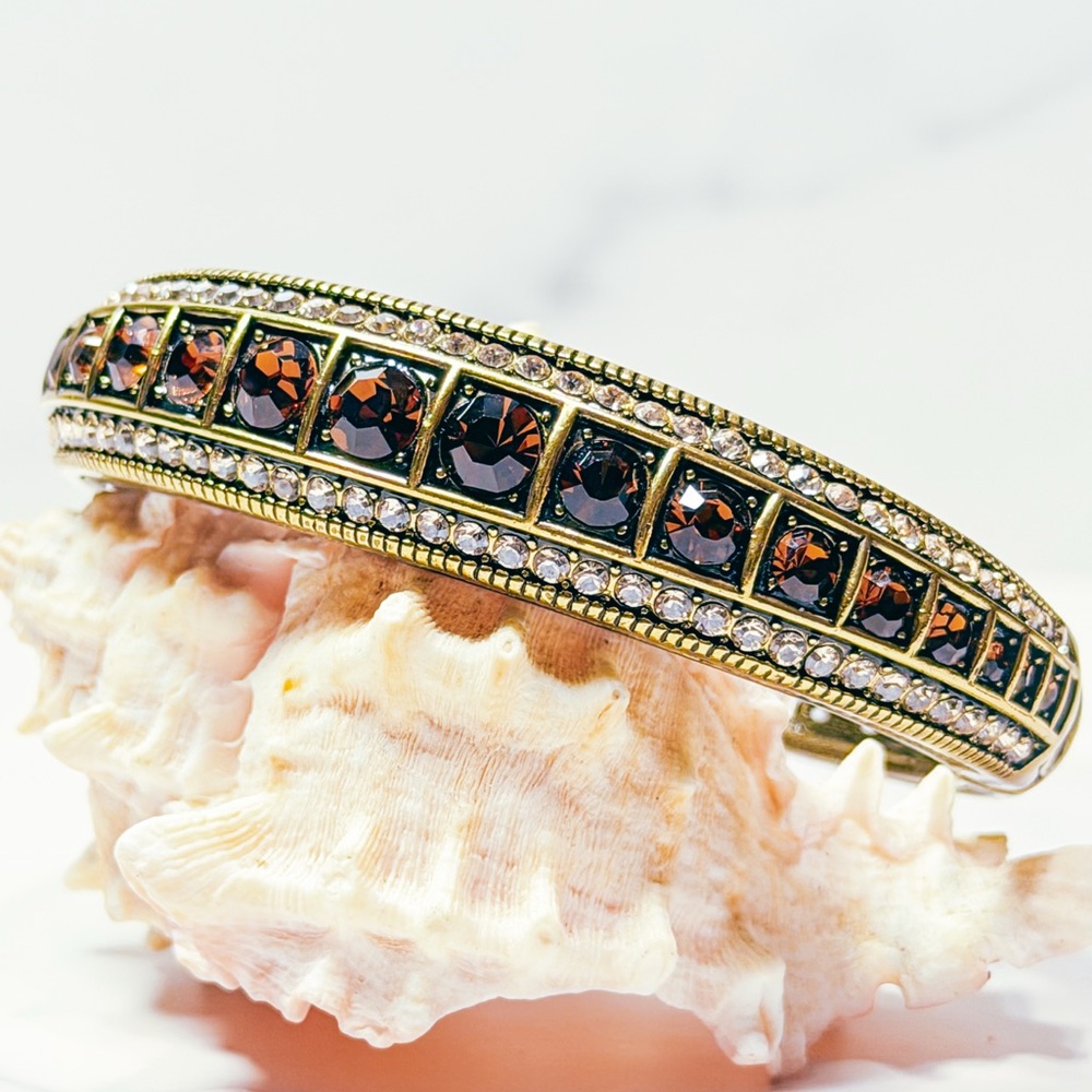 HEIDI DAUS Statement Bangle Bracelet Smoky Topaz Chocolate Crystal Bronze Hinged
